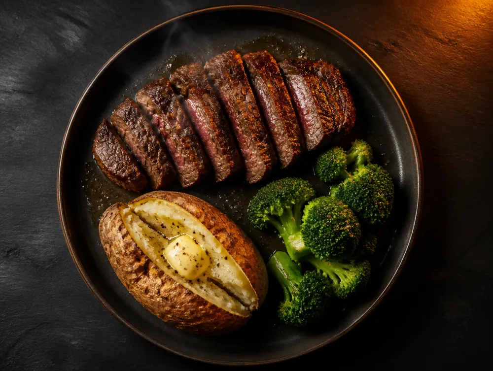 Plate of steak, baked potato and broccoli being analyzed by the AI