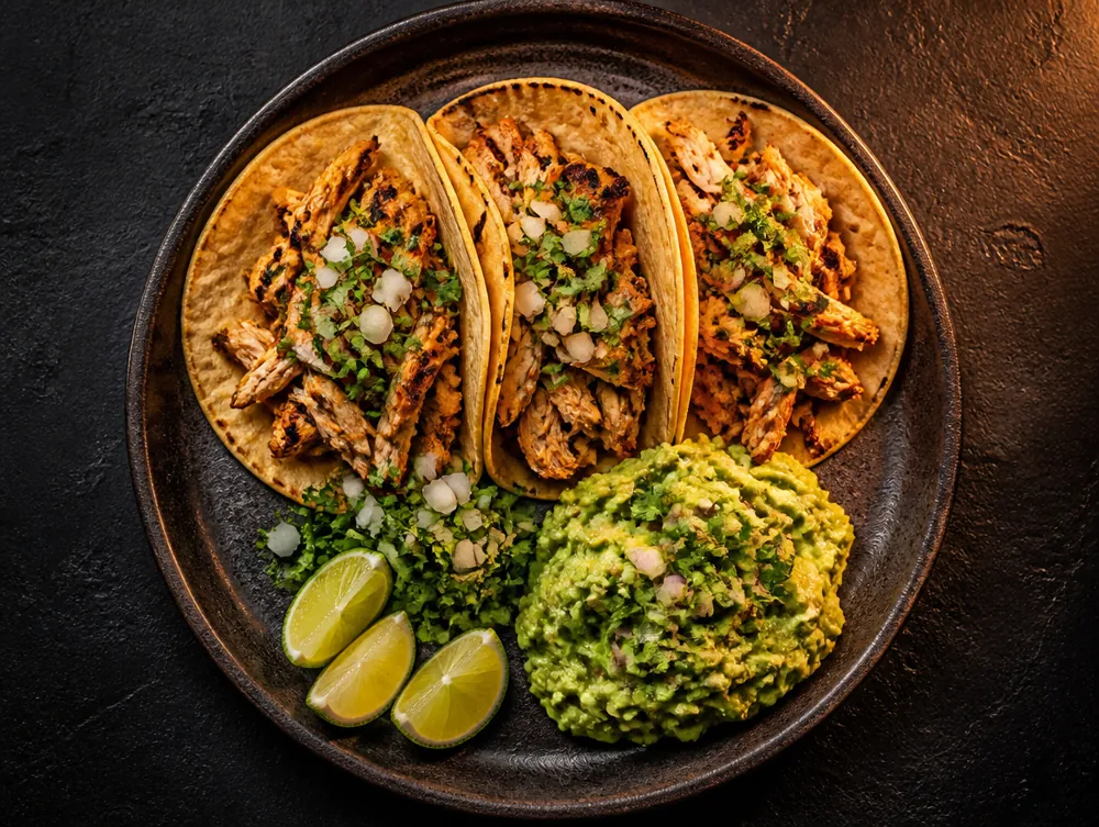 Plato de tacos de pollo con guacamole analizado por la IA